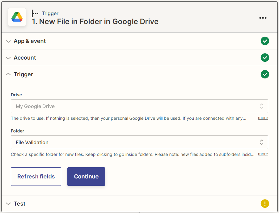 Captura de pantalla de cuenta de Google Drive conectada a Zapier