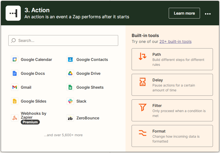 La herramienta de creación de una nueva acción de Zapier que muestra una lista de fuentes, incluida Google Sheets