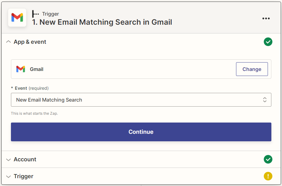 Captura de pantalla de creación del evento activador "Nuevo correo electrónico que coincide con la búsqueda" de Gmail de Zapier
