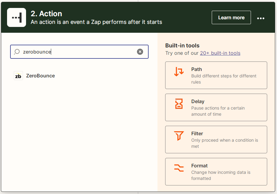 Captura de pantalla que muestra una búsqueda de ZeroBounce en Zapier para crear la acción Obtener datos de actividad