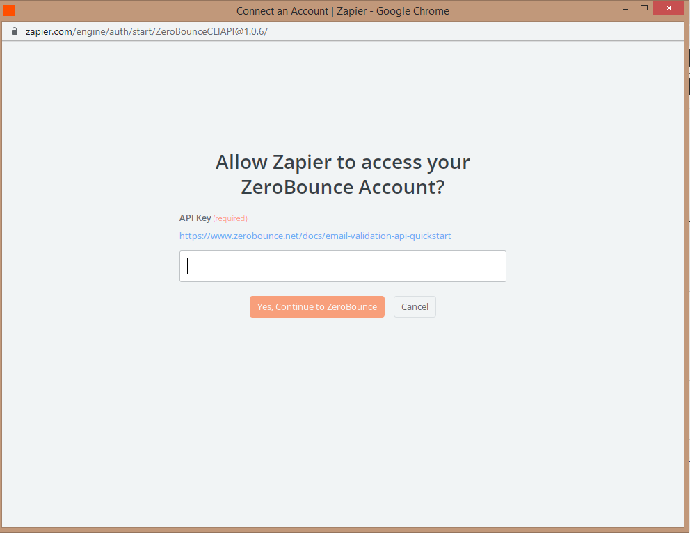 Pantalla de ingreso de la clave de API de ZeroBounce para la integración de Zapier