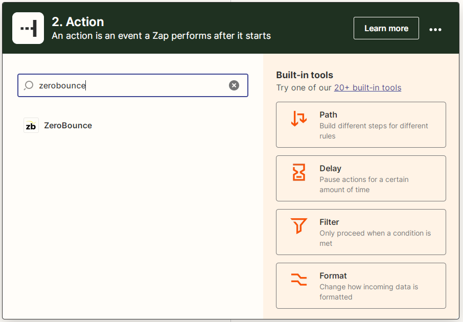 Screenshot of Zapier's new action tool showing the ZeroBounce option