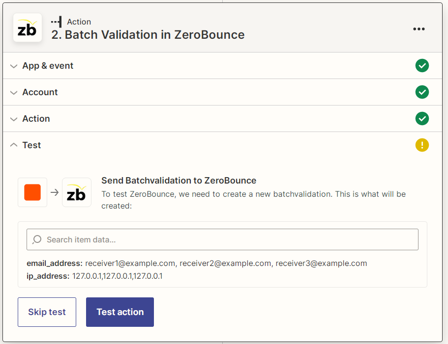 Captura de pantalla de la prueba de la acción de validación en lotes de ZeroBounce de Zapier