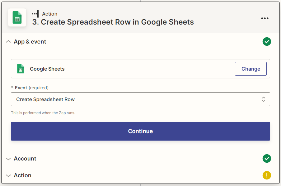 Captura de pantalla de Crear fila de hoja de cálculo de Google Sheets de Zapier