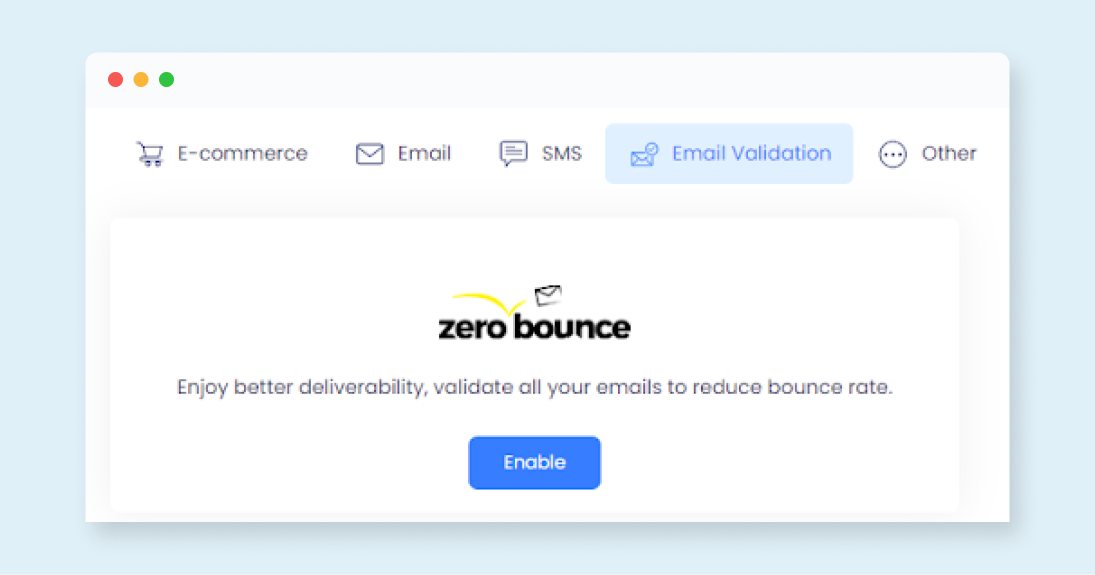 La pantalla de habilitación para la integración de EngageBay de ZeroBounce