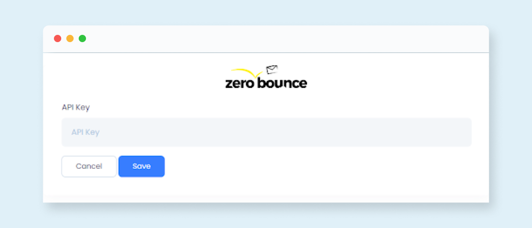 Pantalla de ingreso de la clave de API para la integración de EngageBay de ZeroBounce