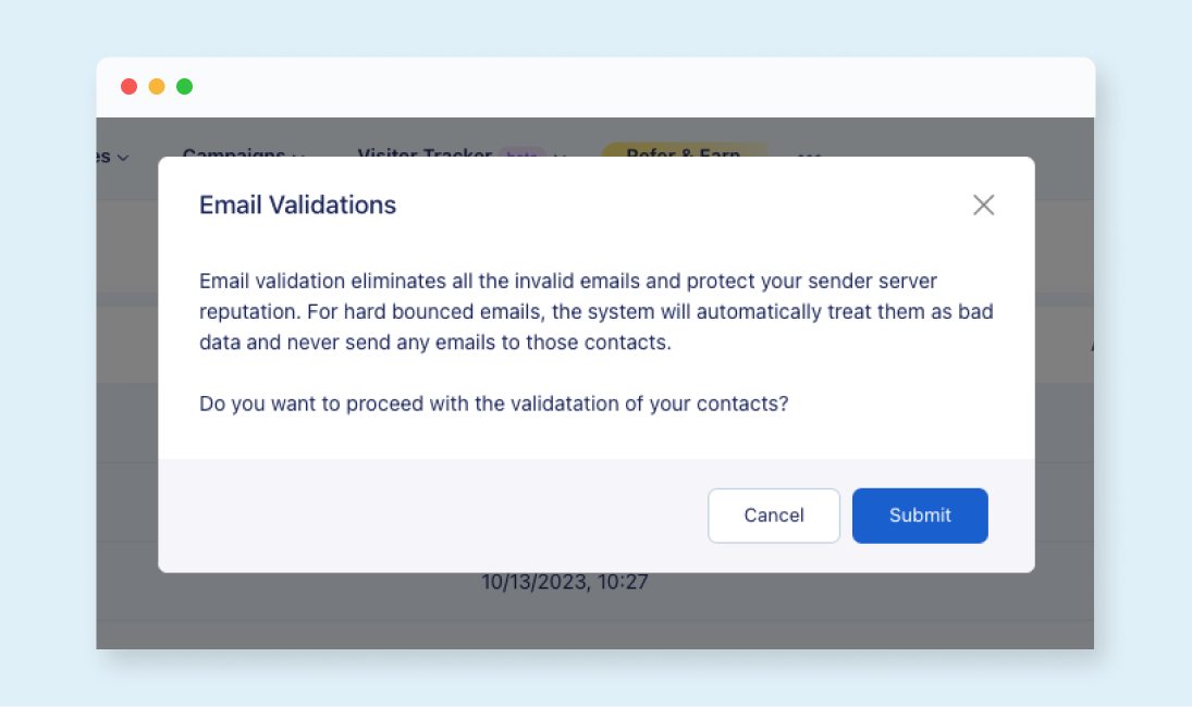 Email validation confirmation screen that appears when using the ZeroBounce EngageBay integration