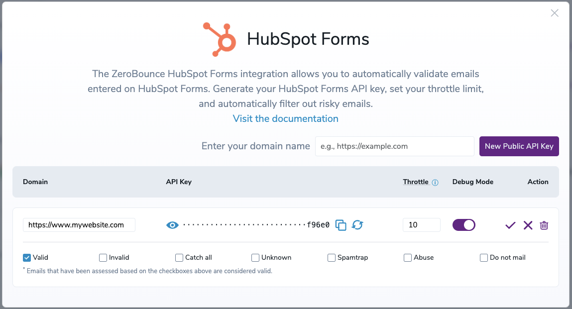 El panel de control para la integración de HubSpot Forms de ZeroBounce.