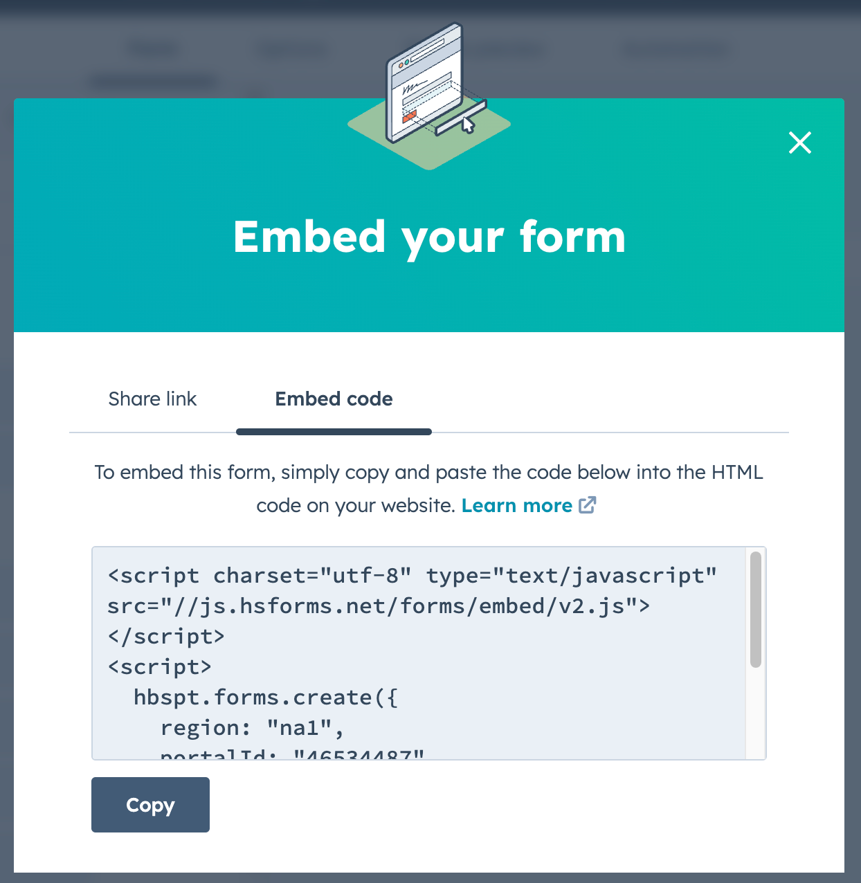 The HubSpot ‘Embed your form’ popup that appears after creating a new embedded form.