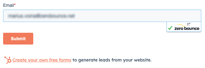 HubSpot Forms email validation enabled with ZeroBounce detecting a valid email address.