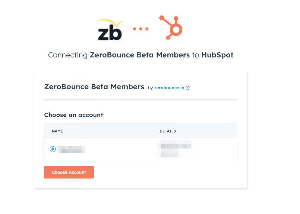 El menú emergente de HubSpot que le permite elegir una cuenta para usar con la integración de HubSpot de ZeroBounce