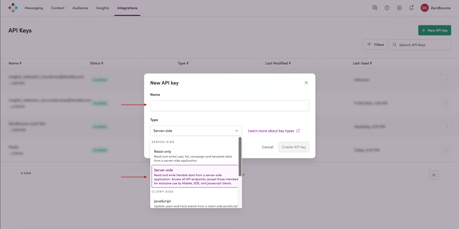 Asigne un nombre a su nueva clave de API (p. ej., ZeroBounce).