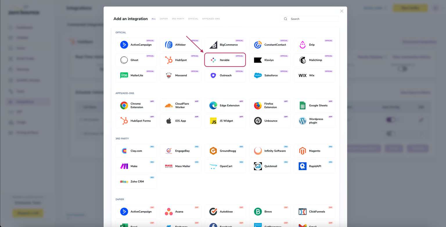 Go to your ZeroBounce dashboard and click Integrations.