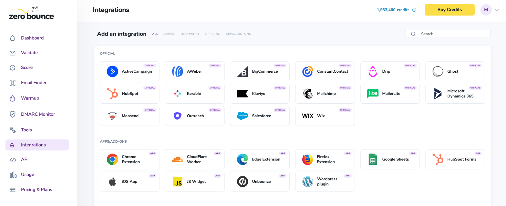 The ZeroBounce integrations menu.