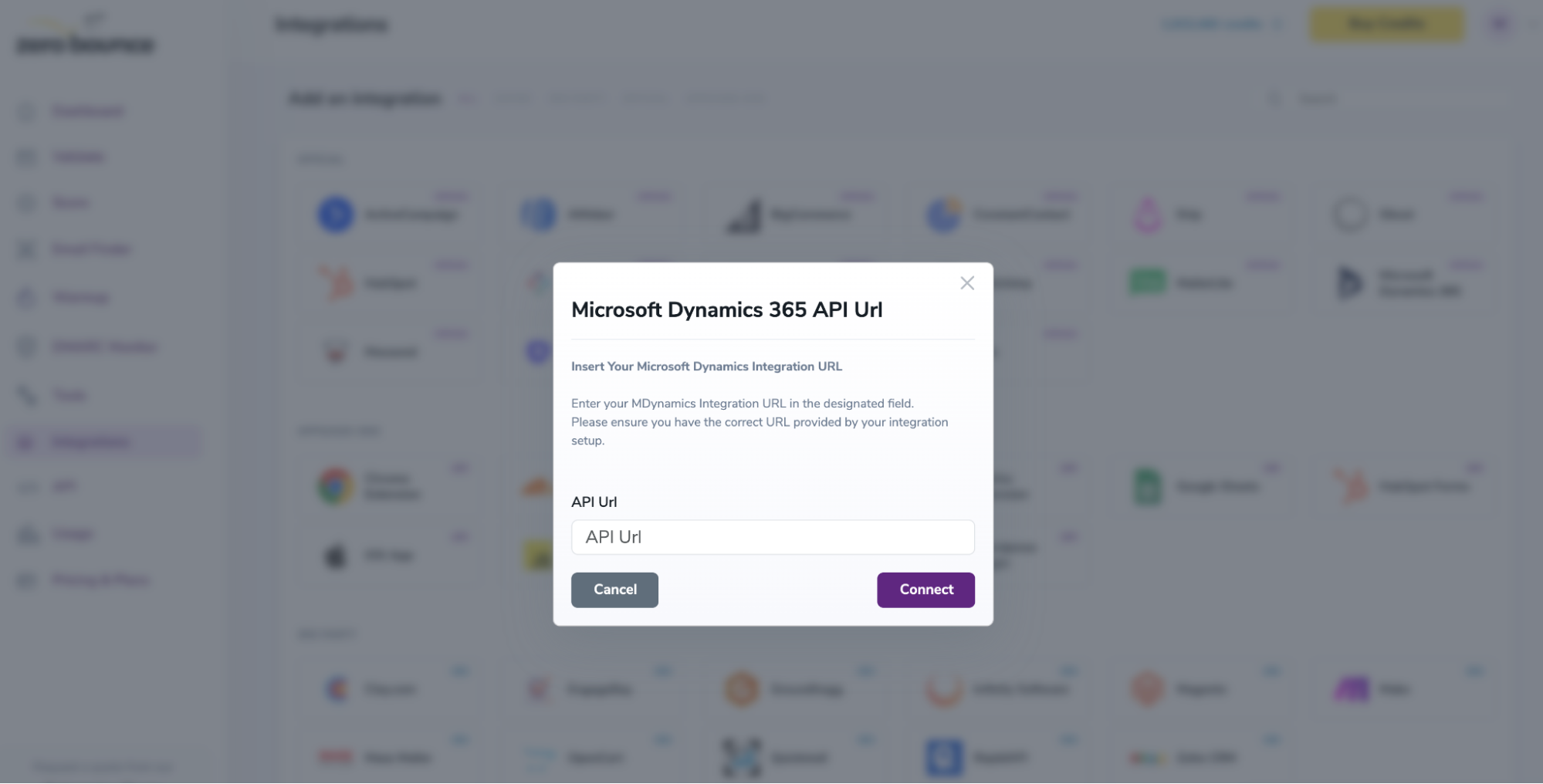 A pop-up menu that requests the user’s Microsoft Dynamics 365 API URL.