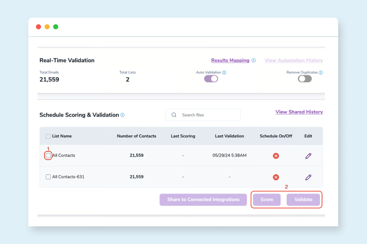 Real-time email validation and Schedule Scoring & Validation settings for the ZeroBounce Moosend integration.