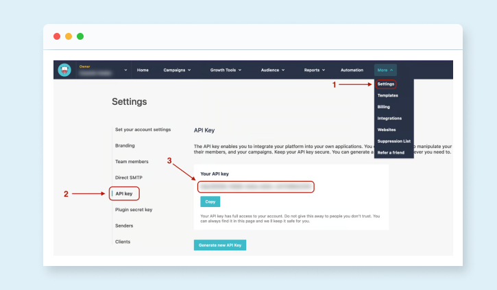 The Moosend Account Settings screen with ‘API’ and ‘Your API Key’ highlighted.