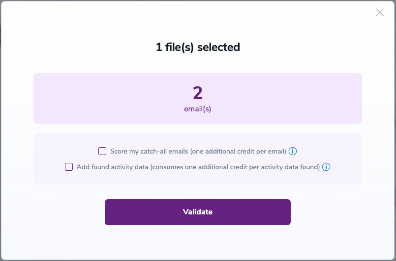 Validation Pop-up<br/><br/>On validate you will be presented with a popup with two options that can assist your validation process:<br/><ul><li><strong>Scoring</strong> - an optional service that helps identify catch-all addresses that are likely to be valid by detecting recent email activity.</li><li><strong>ZeroBounce Activity Data</strong> - uses interaction data to identify emails that have been opened, clicked, forwarded, or unsubscribed. The matching process is performed in-house through ZeroBounce's infrastructure, and your data is not transferred or shared with any third parties.</li></ul>