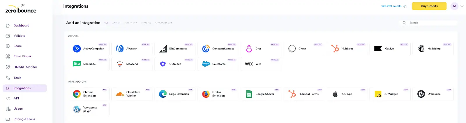 ZeroBounce Integrations Dashboard