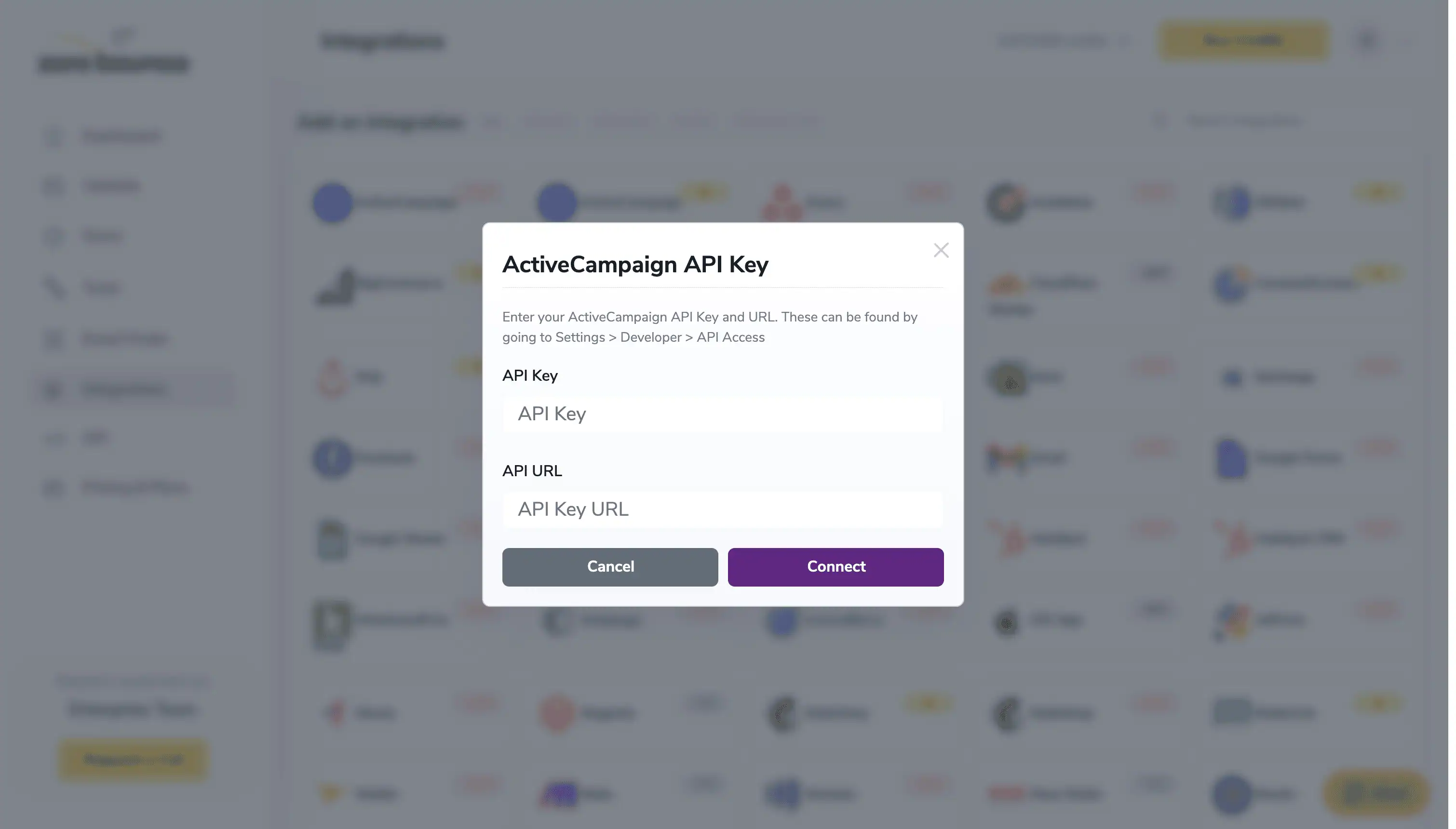 API Key pop-up modal