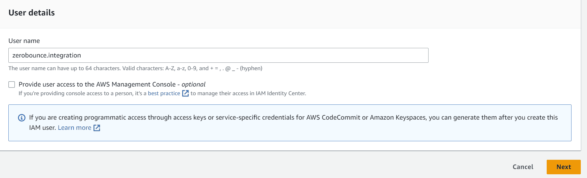 Choose a username (e.g. zerobounce.integration) and hit Next