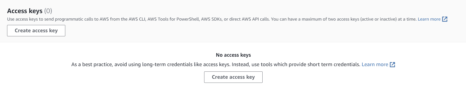 4. Under Access keys, select Create access key