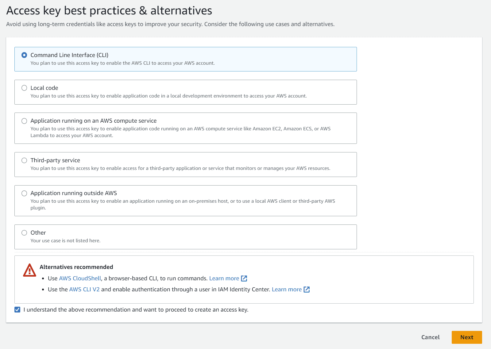 5. On the following page, select Command Line Interface (CLI), check I understand the above recommendation and want to proceed to create an access key. checkbox and hit Next