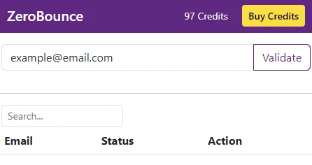 The ZeroBounce Email Validator email validation menu