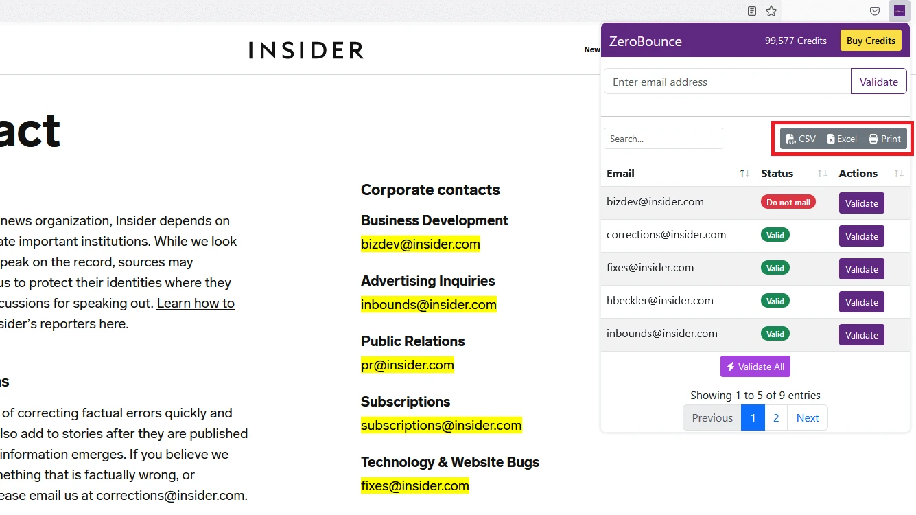 Menu for exporting bulk email validation results in the ZeroBounce Email Validator
