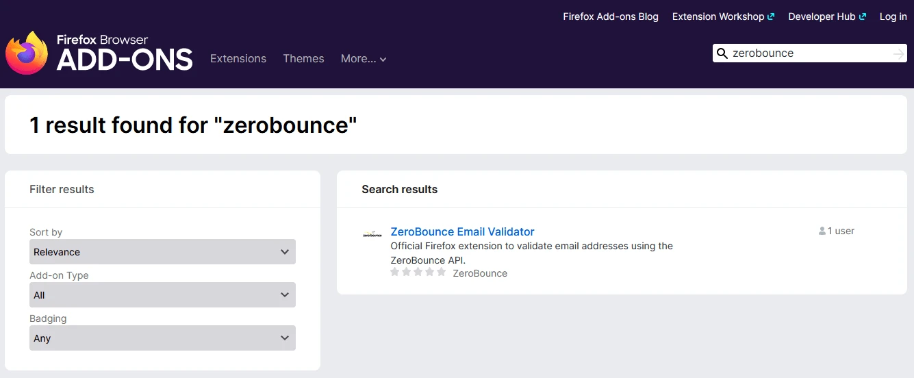 The ZeroBounce Email Validator extension in the Firefox Browser add-ons results page
