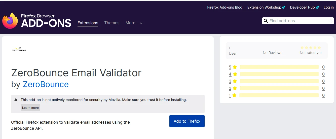 The official ZeroBounce Email Validator Firefox add-on page