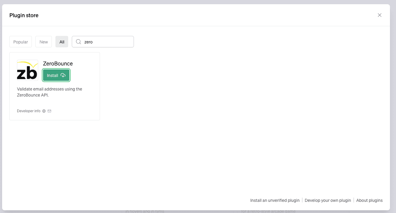 The ZeroBounce plugin in the plugin store