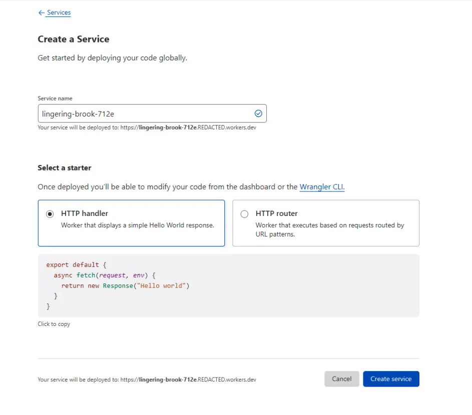 A screenshot of the Cloudflare Workers menu where you can create a service for the ZeroBounce Cloudflare Worker integration