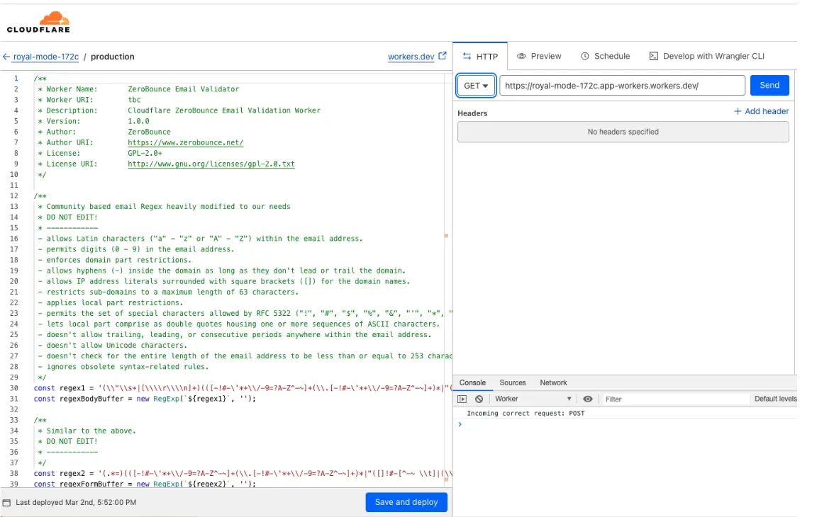 Cloudflare Worker page that shows where to add the worker script