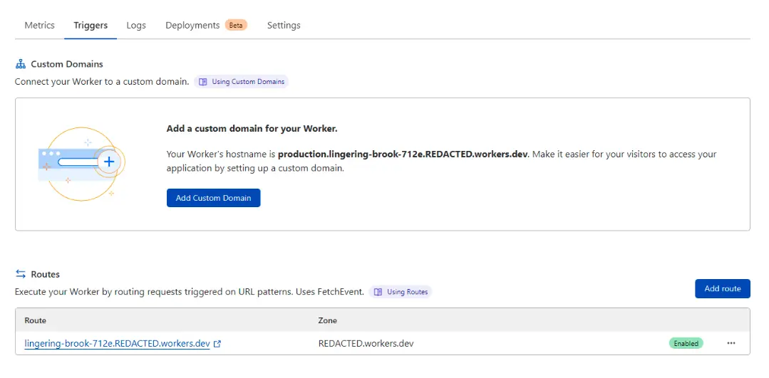 Cloudflare Worker menu that shows where to add triggers and routes for the ZeroBounce integration