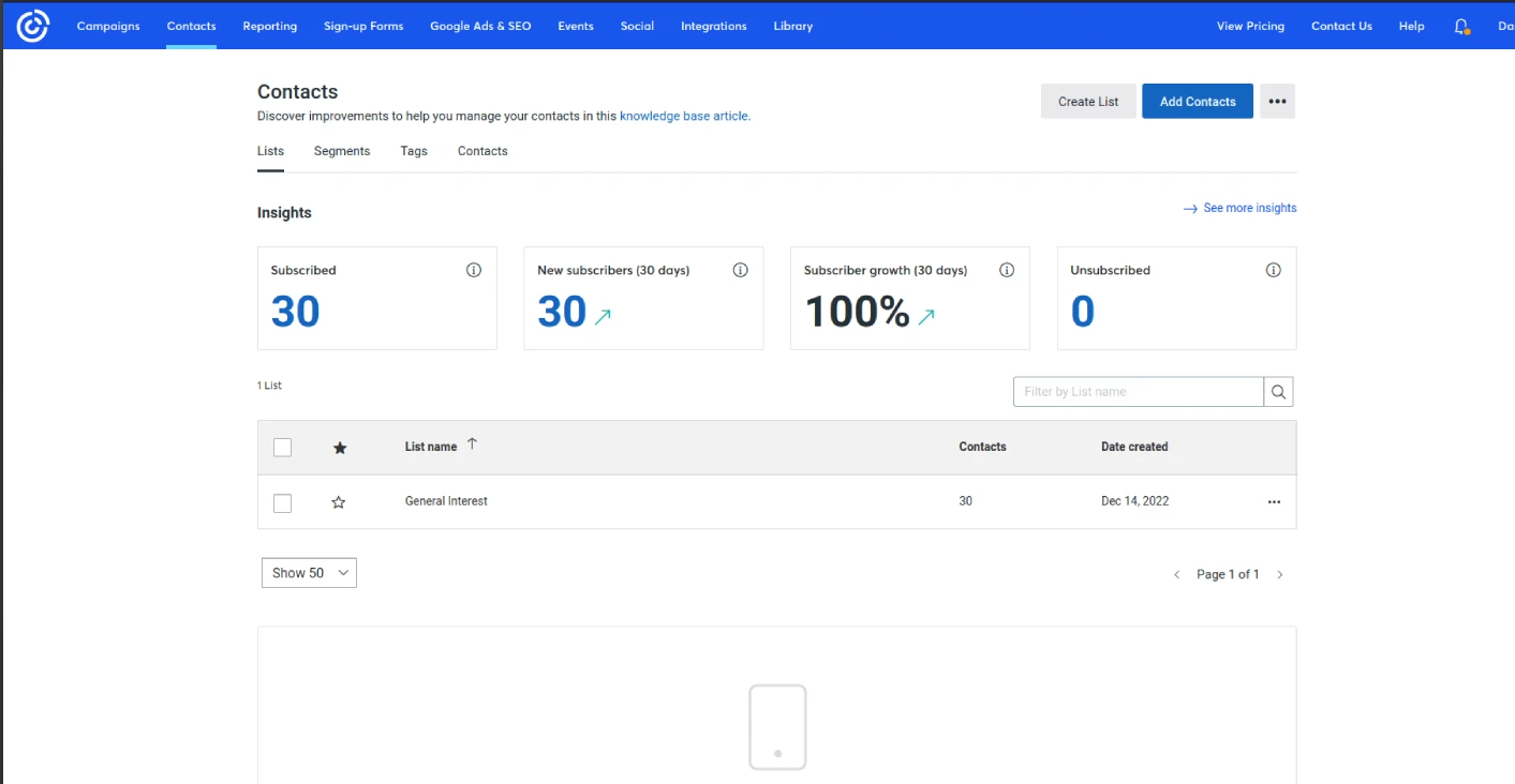 Constant Contact dashboard: List management screen