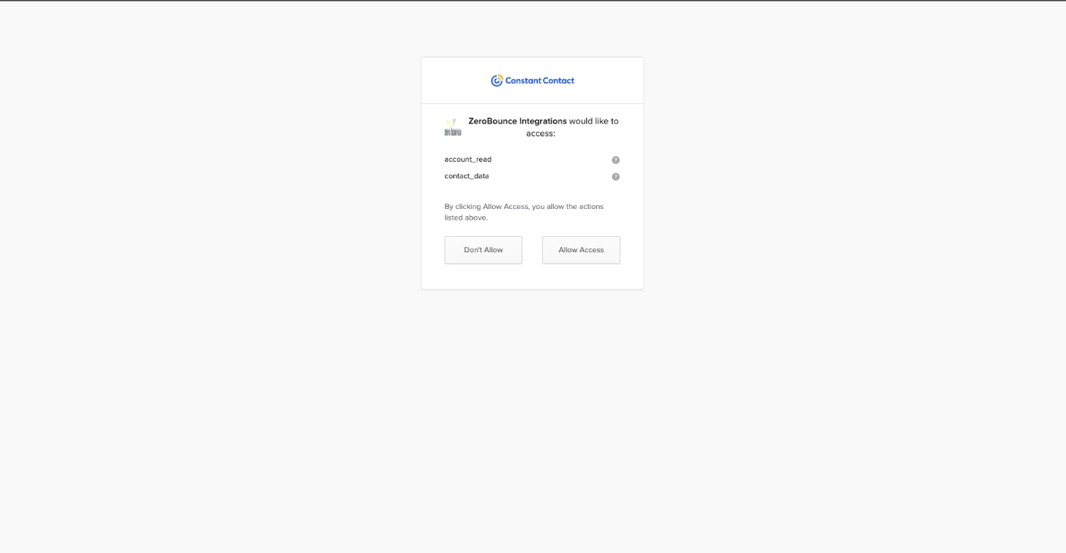 Constant Contact allow access screen