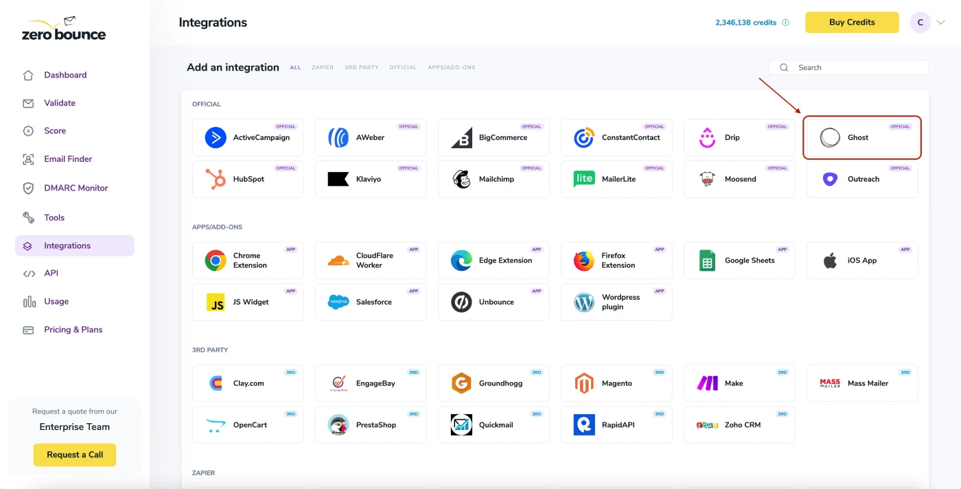 A popup greets you after selecting Ghost integration.