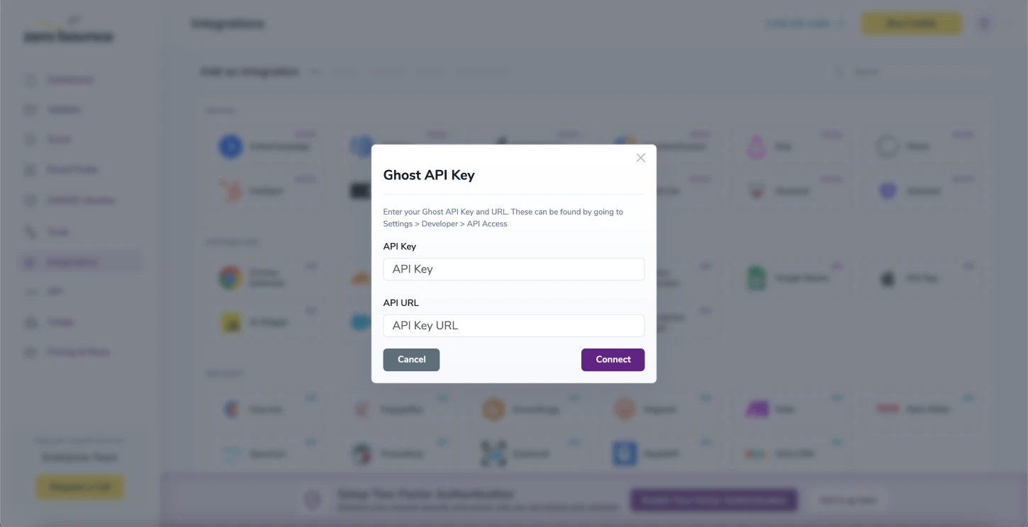 API Key pop-up modal