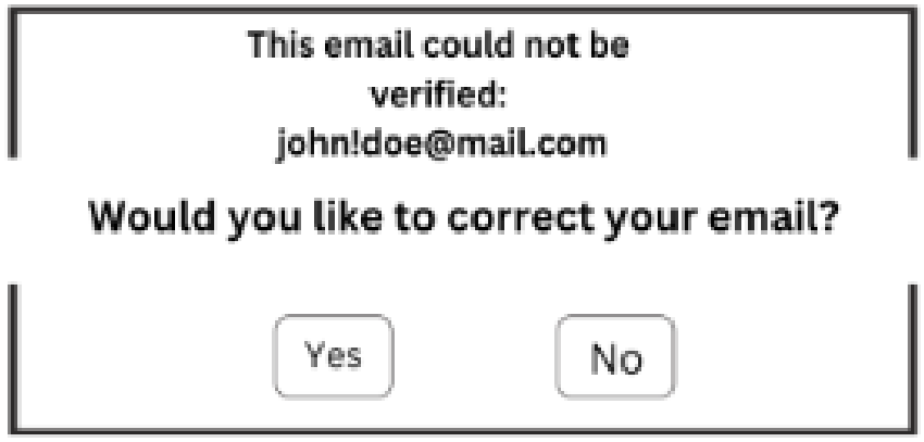 ZeroBounce Infinity integration error message that reads: “This email could not be verified. Would you like to correct your email?”