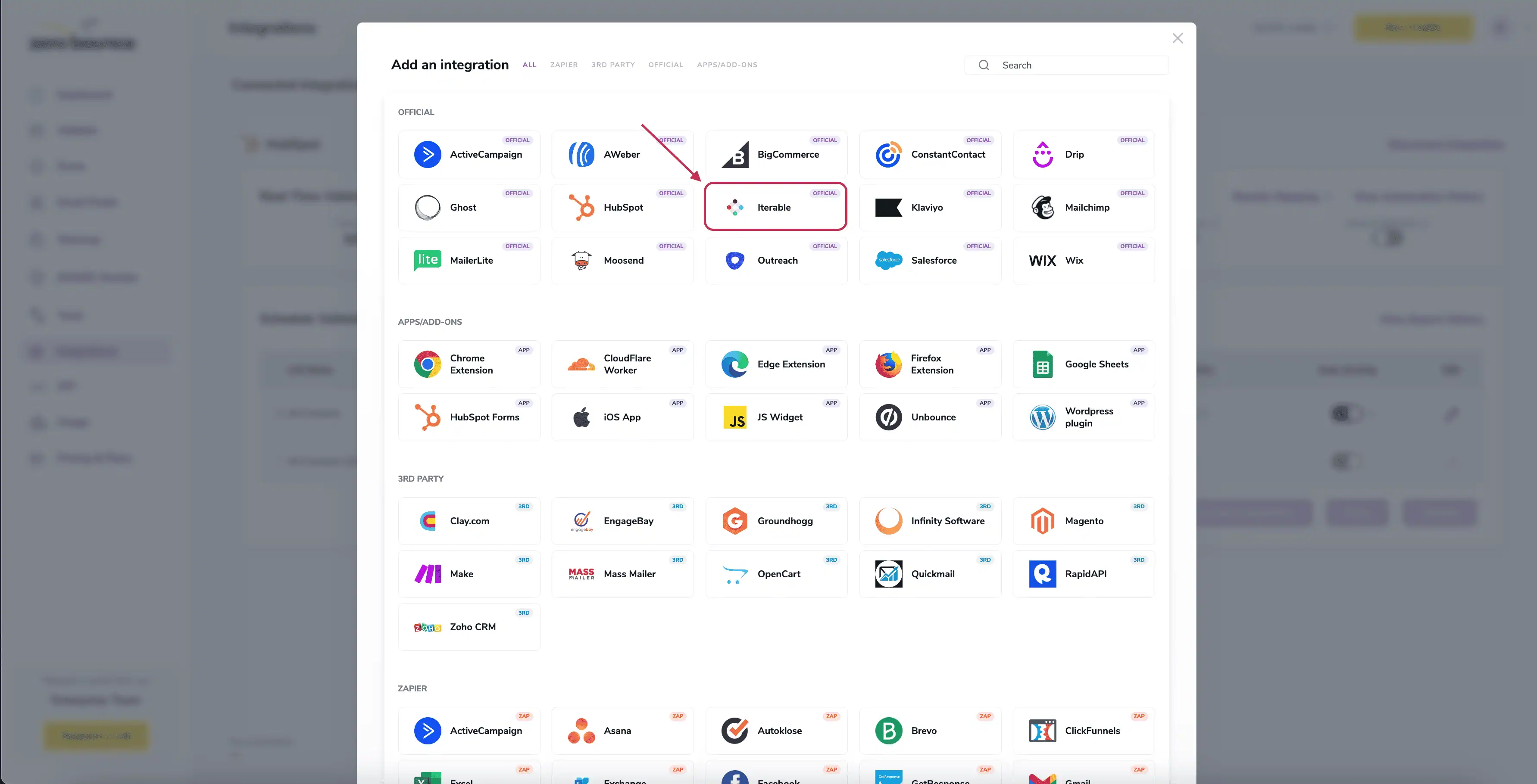 A popup greets you after selecting Iterable integration.