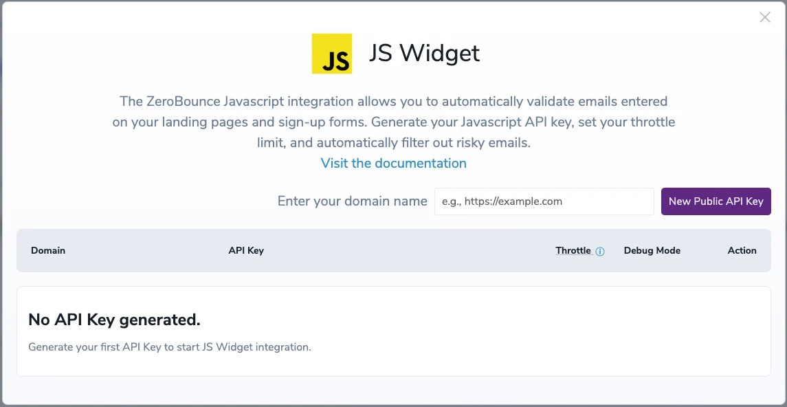 The ZeroBounce JS Widget integration menu with no API key. You can enter a domain in the blank field and click ‘New Public API key.’