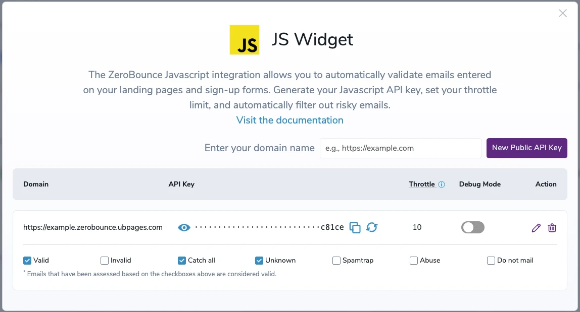 The ZeroBounce JS widget with default settings for the domain ‘https://example.com.’