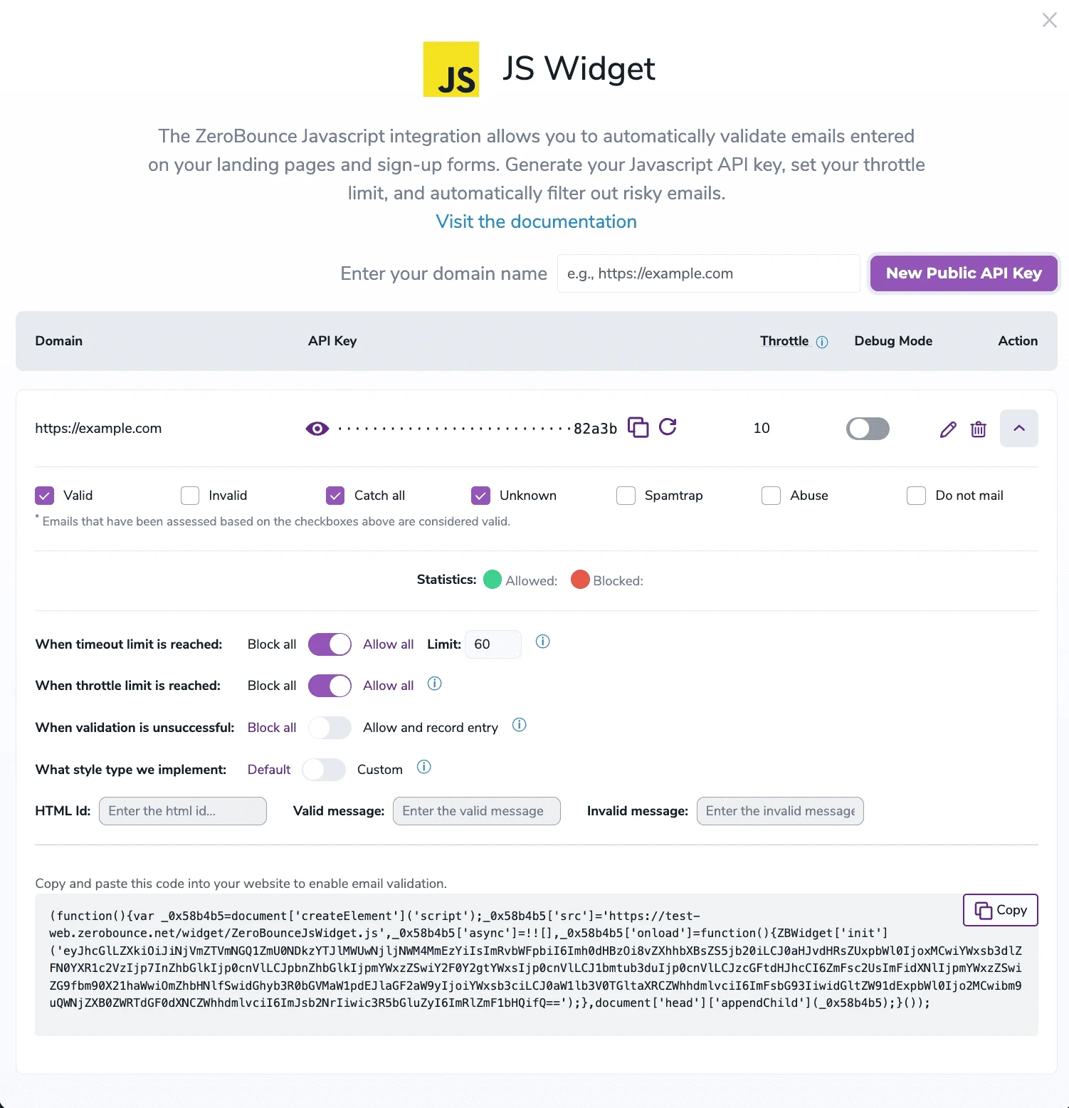 The ZeroBounce JS Widget integration menu in edit mode with the domain ‘https://example.com’ and an obscured API key with the final characters ‘3116e.’ It also includes Throttle, Action, and 7 validation categories.