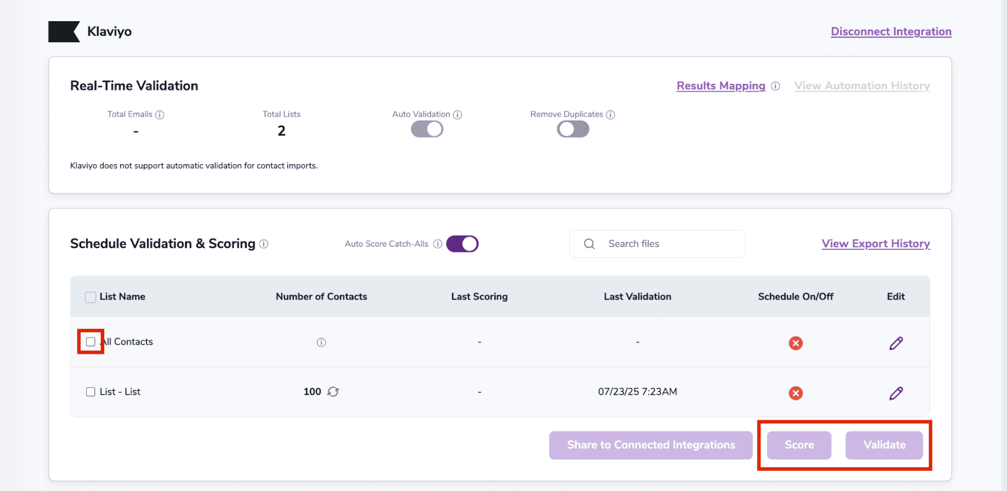 A ZeroBounce user’s Klaviyo integration, which shows all imported Klaviyo contact lists available for Scoring & Validation.