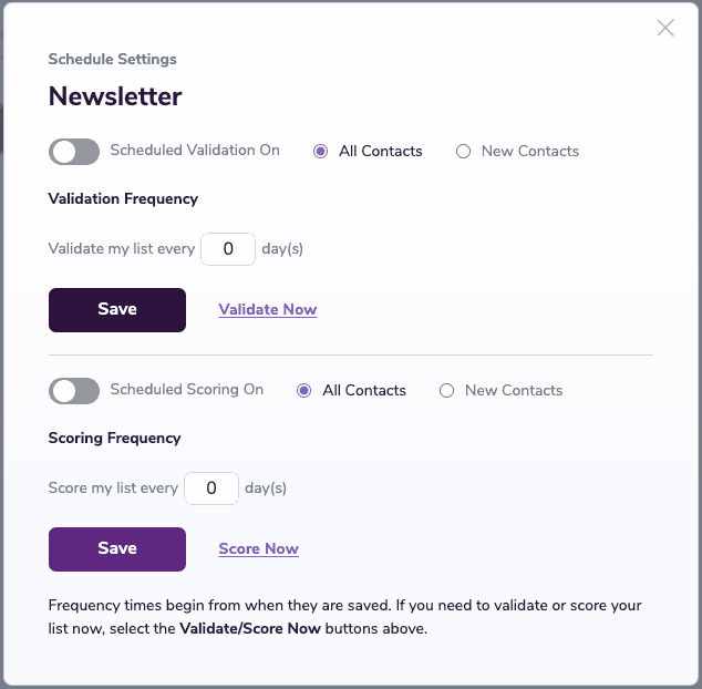 ZeroBounce Schedule Settings for a Klaviyo contact list called ‘Newsletter,’ where you can schedule ,[object Object], & Scoring.