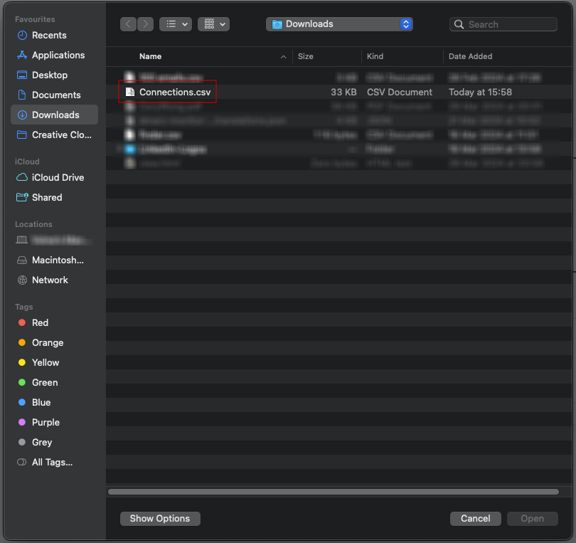 Screenshot of a computer file finder interface with a highlighted 'Connections.csv' file.