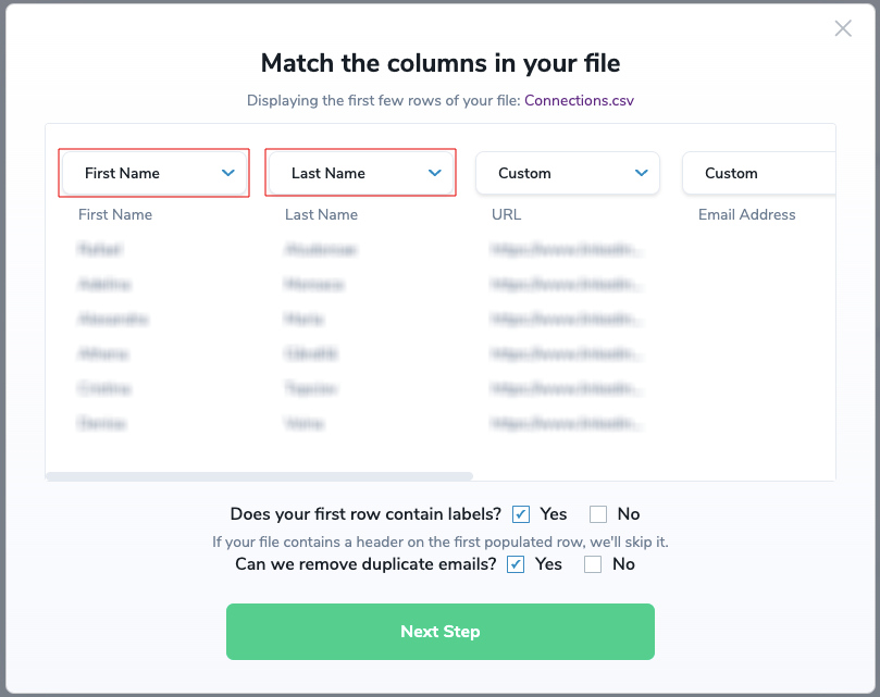 "Match the columns in your file" menu with the "First Name" and "Last Name" fields highlighted.