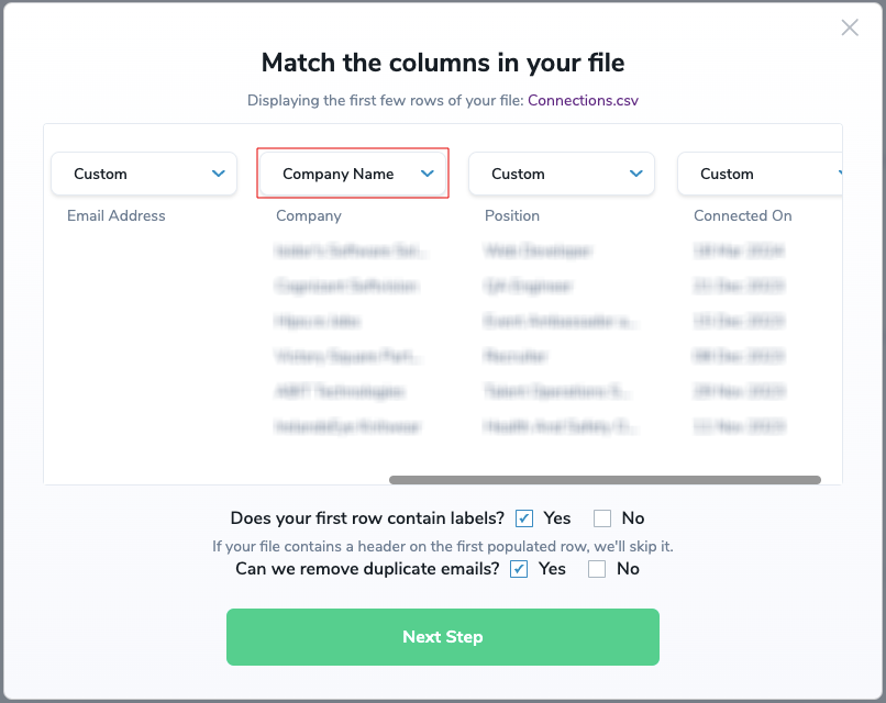 "Match the columns in your file" menu with the "Company Name" field highlighted.