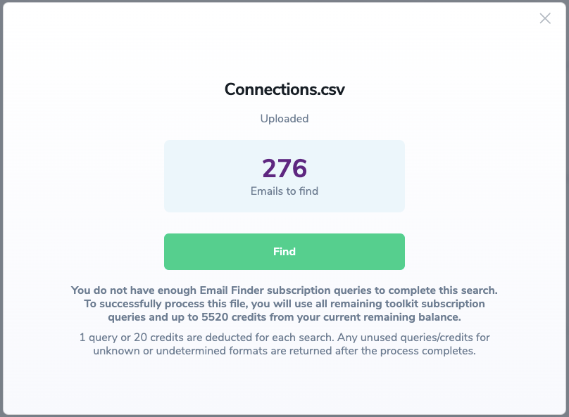 Upload window of the bulk ,[object Object], file, where it displays the number of email addresses to find.